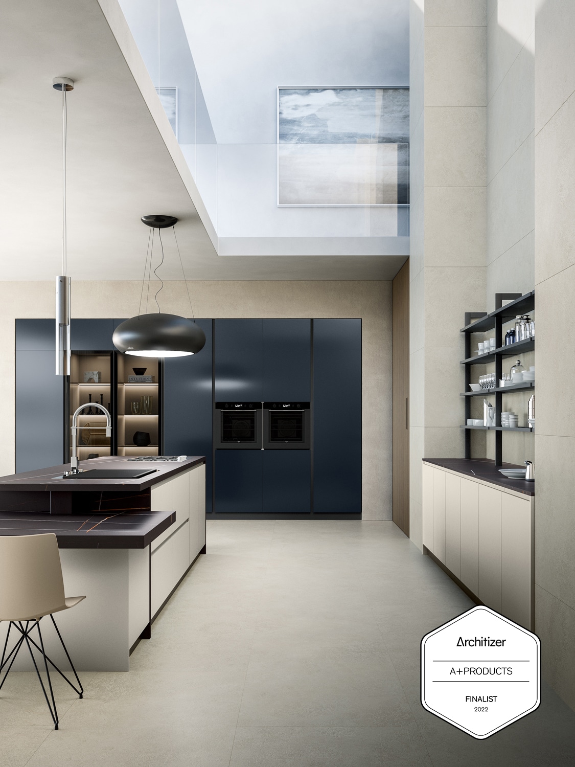 Finalist, Architizer's 2022 A+Product Awards. Modern Yota kitchen design in Talco and Blu Petrolio micalized lacquer.