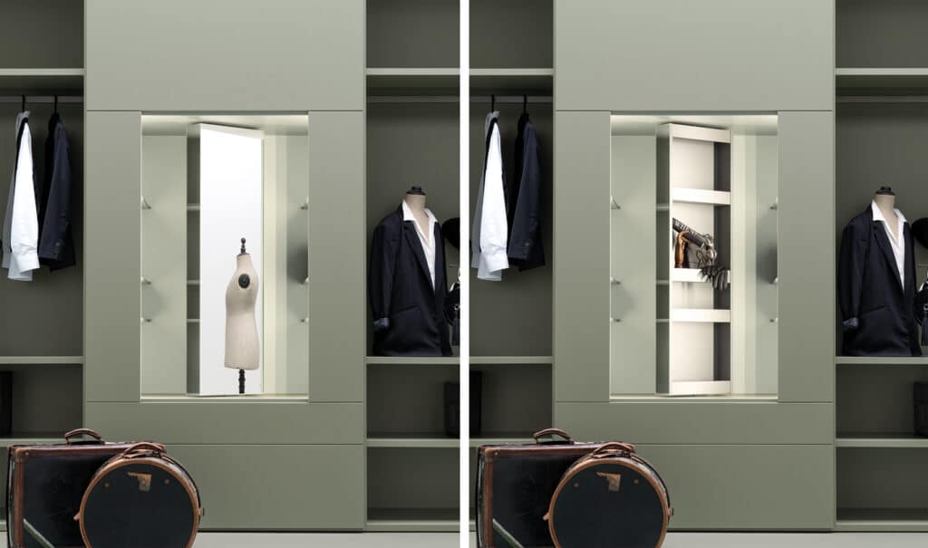 Two images showing a modern closet with a sliding mirror that reveals storage space.