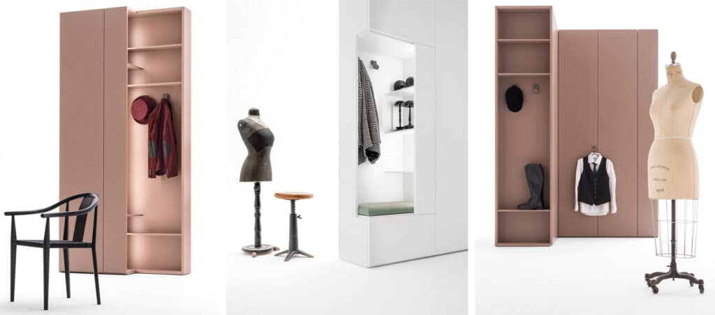 Three images showcasing different types of modern entryway furniture: a coat rack, a shoe bench, and a wardrobe.