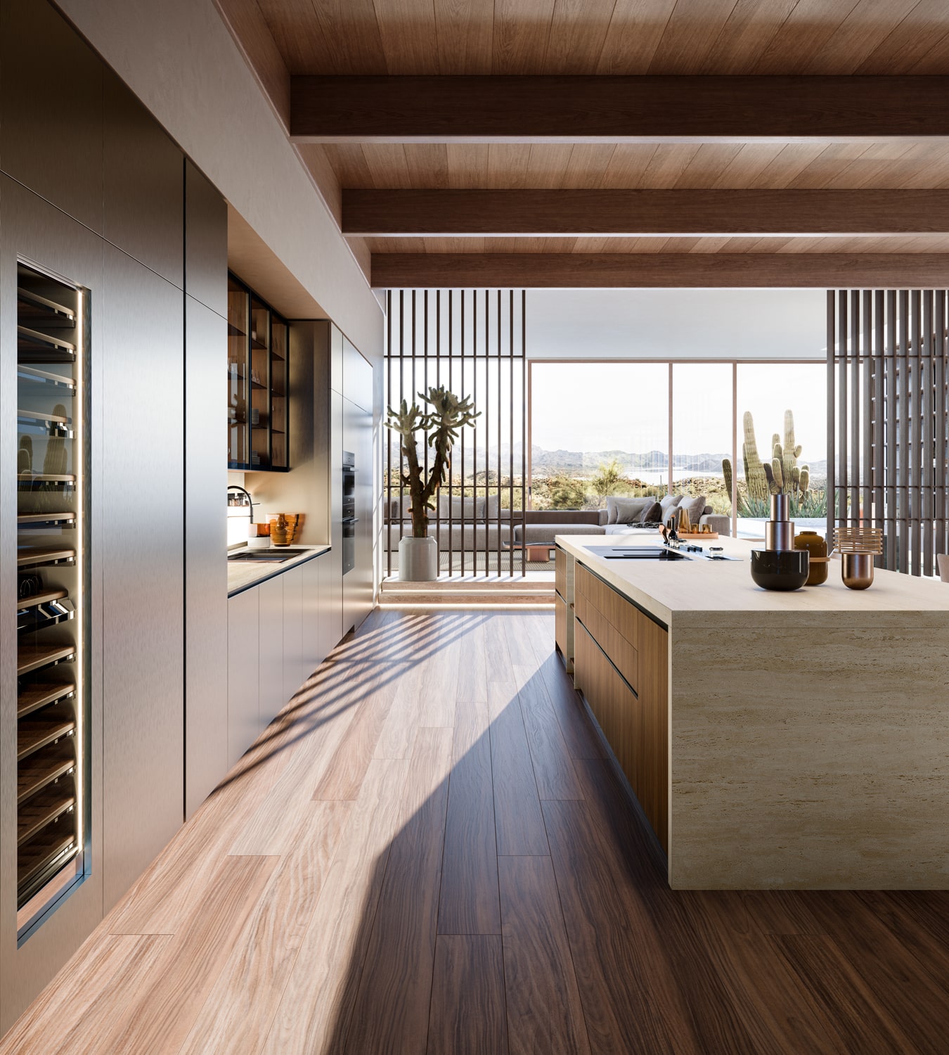 A customizable channel integrated within the island’s counter in front of the stovetop offers a storage area for knives, cooking utensils, spices, wine bottles, and more.
