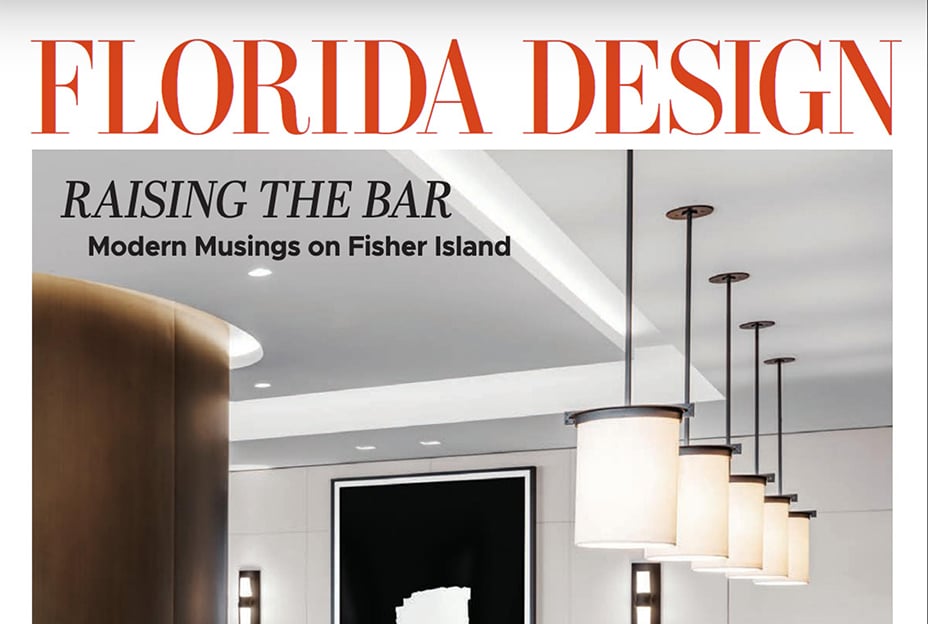 Florida Design magazine cover with the headline "Raising the Bar: Modern Musings on Fisher Island.