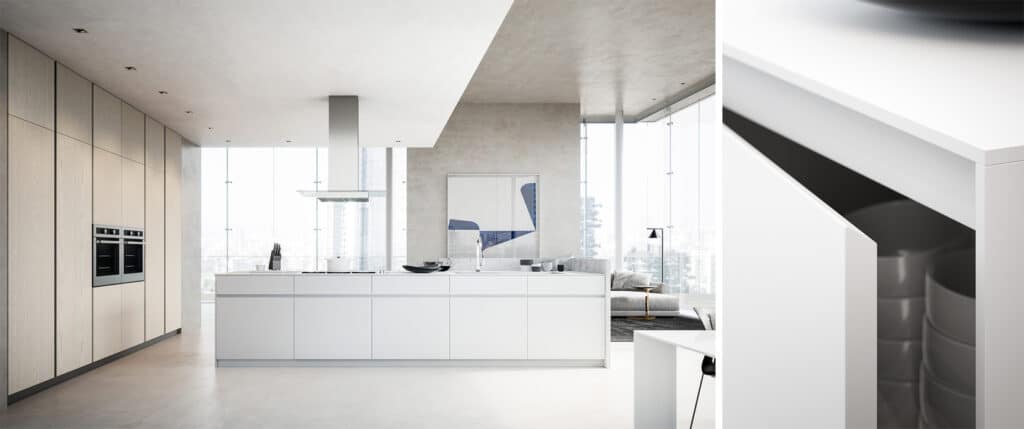 Large luxury kitchen with handle-free cabinets in white lacquer and light wood.