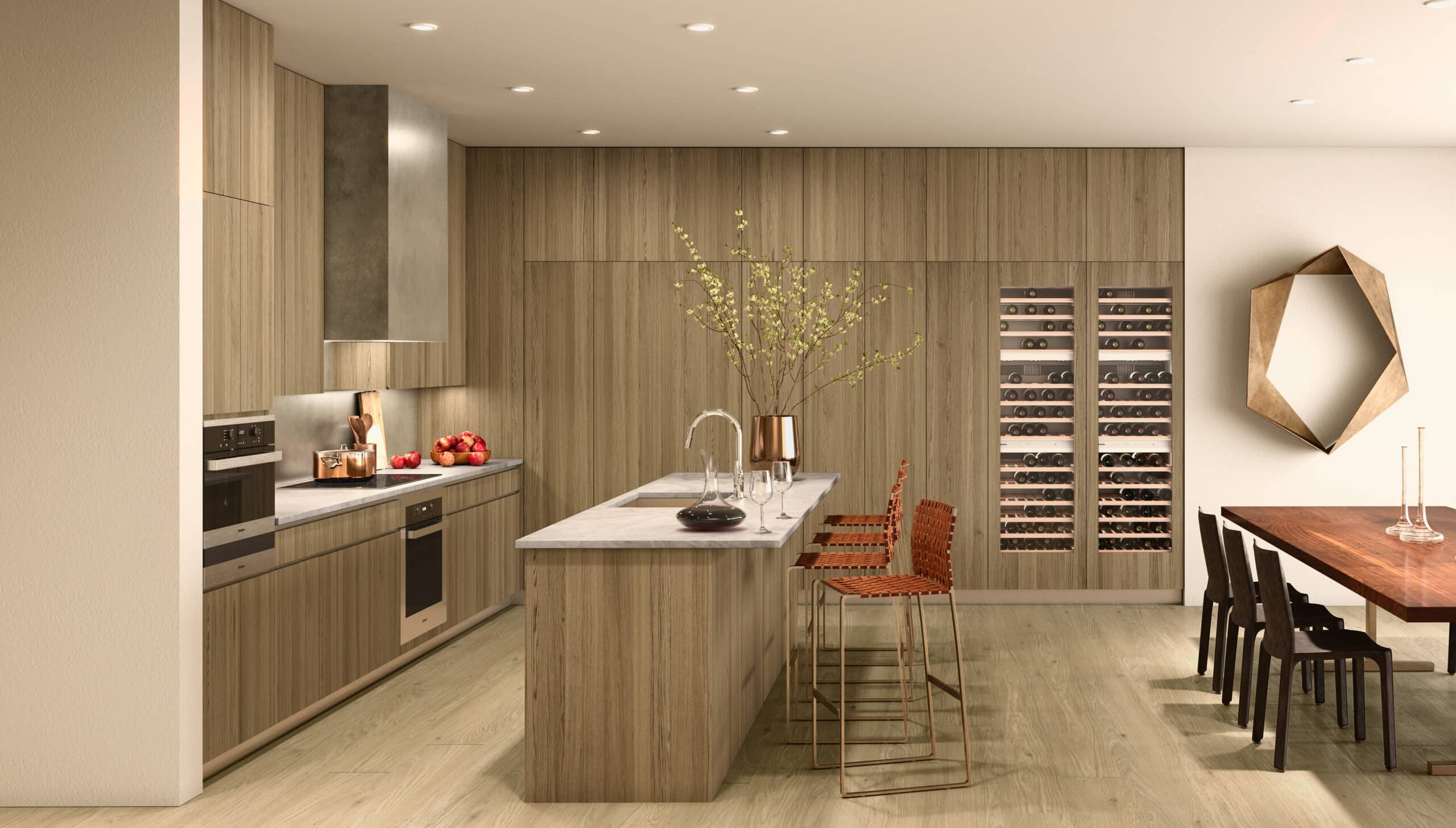 Kitchen with wood cabinetry, a large island, and a dining table.