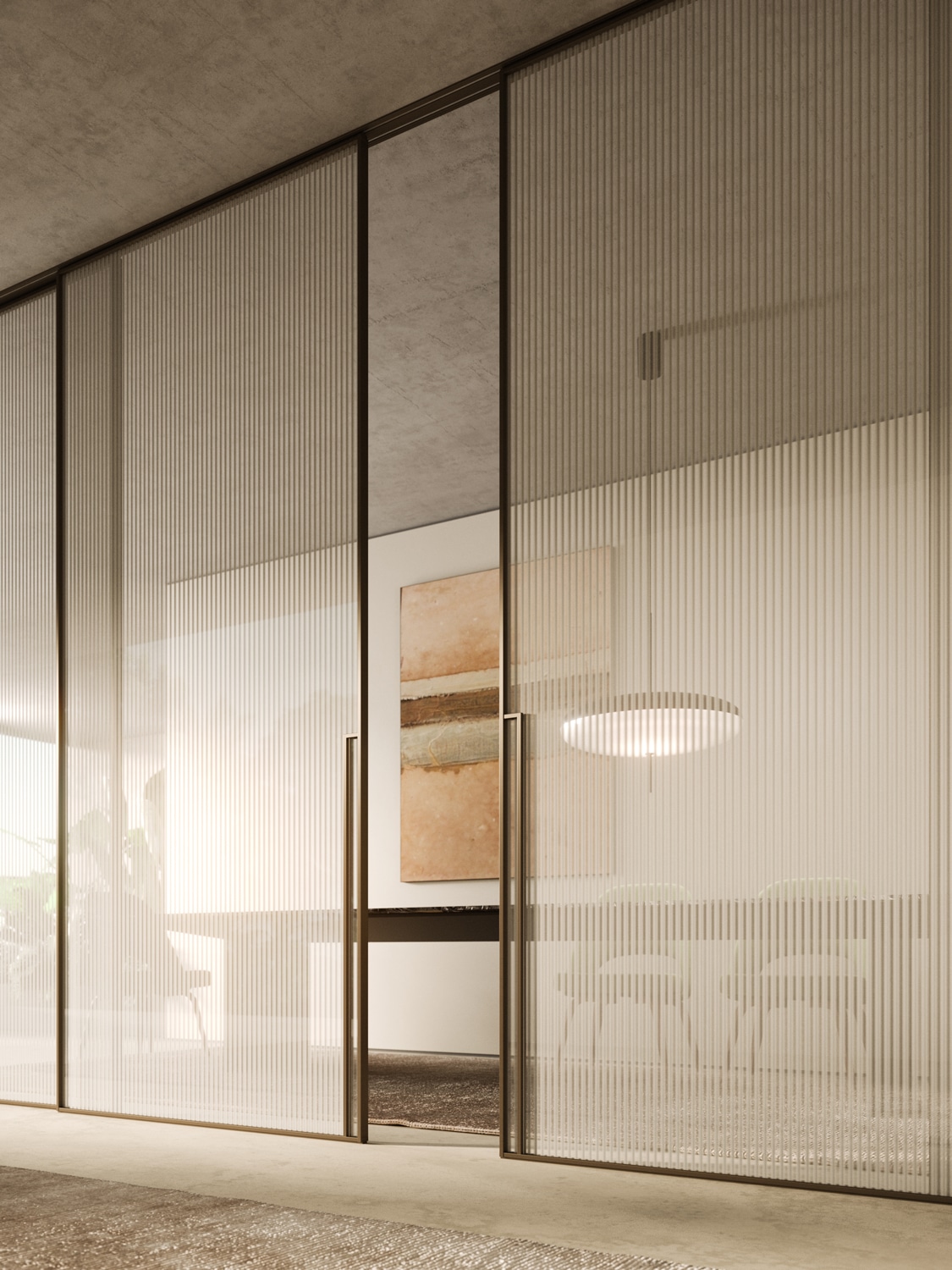 Using the synergies between glass and light, the new Canneté pattern brings an elegant visual movement to the doors that reverberates into the whole environment.
