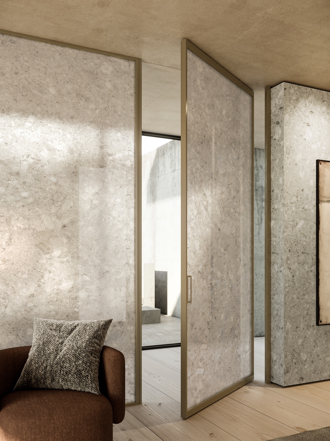Pivot glass door and matching wall in Ceppo di Gré decoration. Frames and handles in brass finish. 