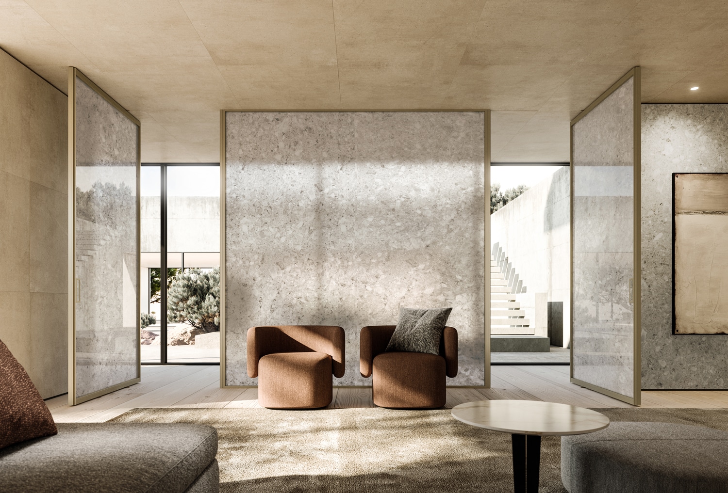One of our newest decorations, Ceppo di Gré reproduces the look of a sedimentary stone typical of the Lake Iseo area of Italy. It has a bright grey color featuring sediments in lighter and darker shades. Glass and light give a new interpretation of this material.