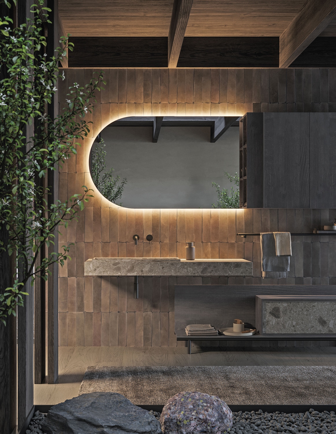 The backlit mirror provides ambient light to make the design even more sophisticated. 