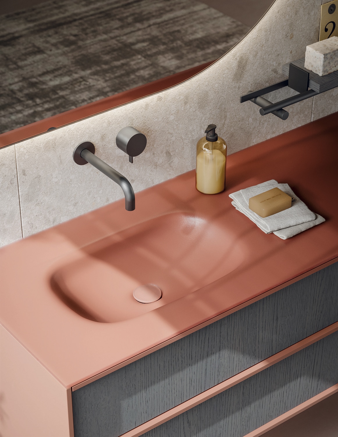 Detail of the vanity in Fumo oak wood with sides, frame, and integrated sink in Terracotta matte lacquer.