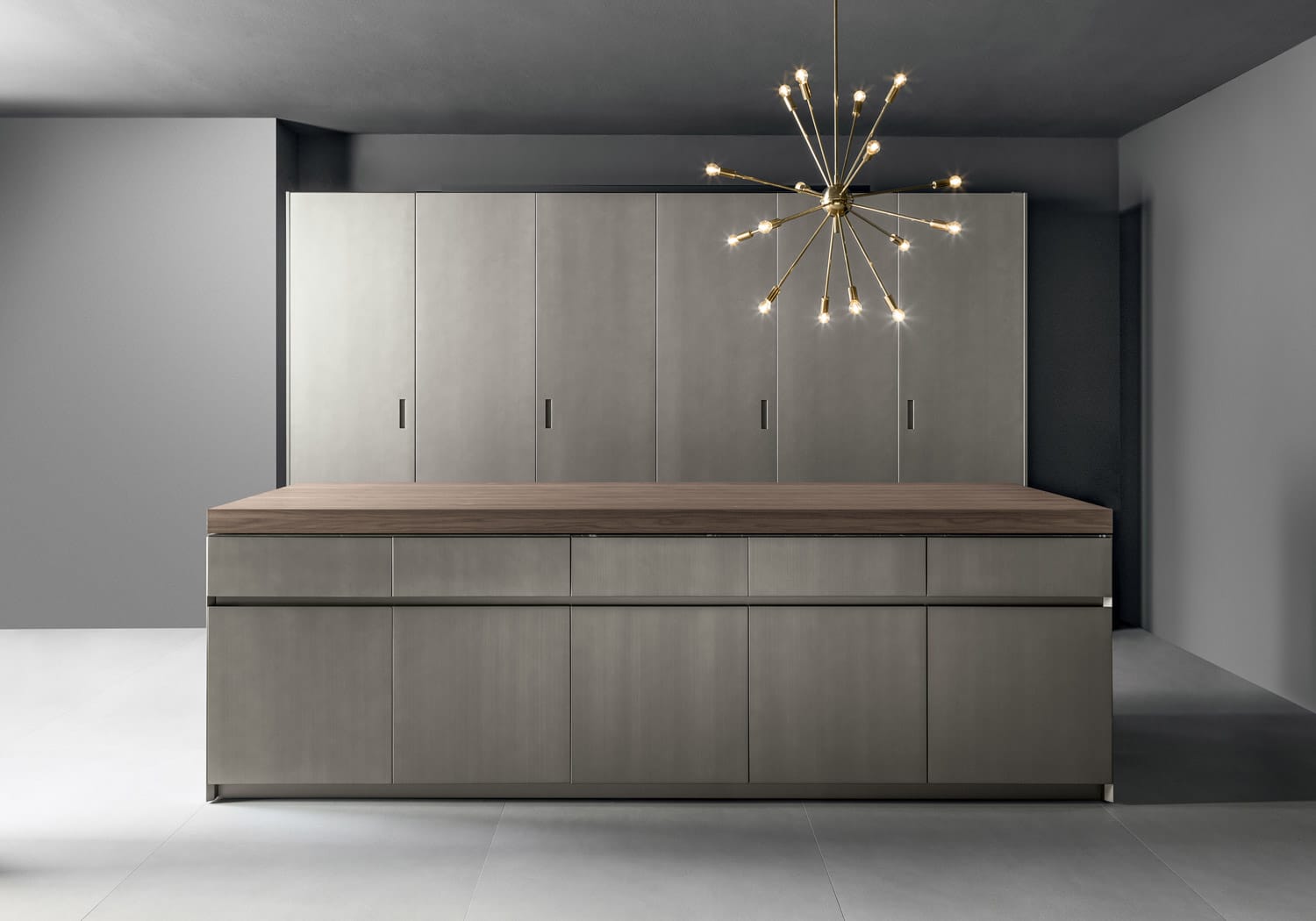 This custom-made kitchen is a study in minimalism with its combination of satin finished Aged Graphite lacquer and shaved Canaletto Walnut. On both the wall and the island, all functional areas are concealed when not in use. 