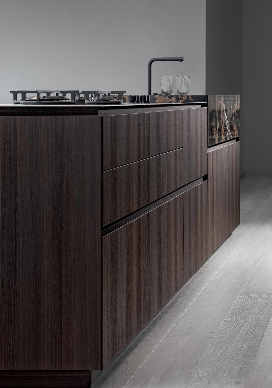 The Smoked Eucalyptus finish wraps the kitchen island with its elegant wood grain pattern.
