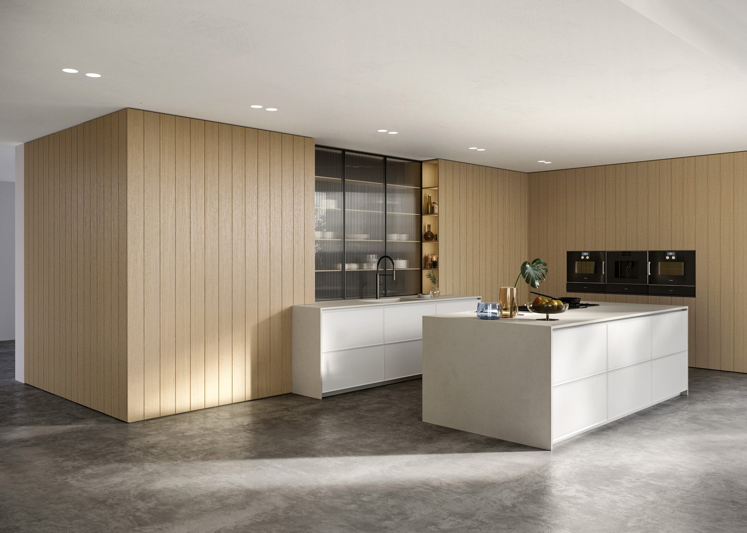 Bespoke kitchen design. The tall pantry units have handle-free doors dressed in slats of light oak. These details essentially hide the units from view, creating a contemporary furnishing effect.  