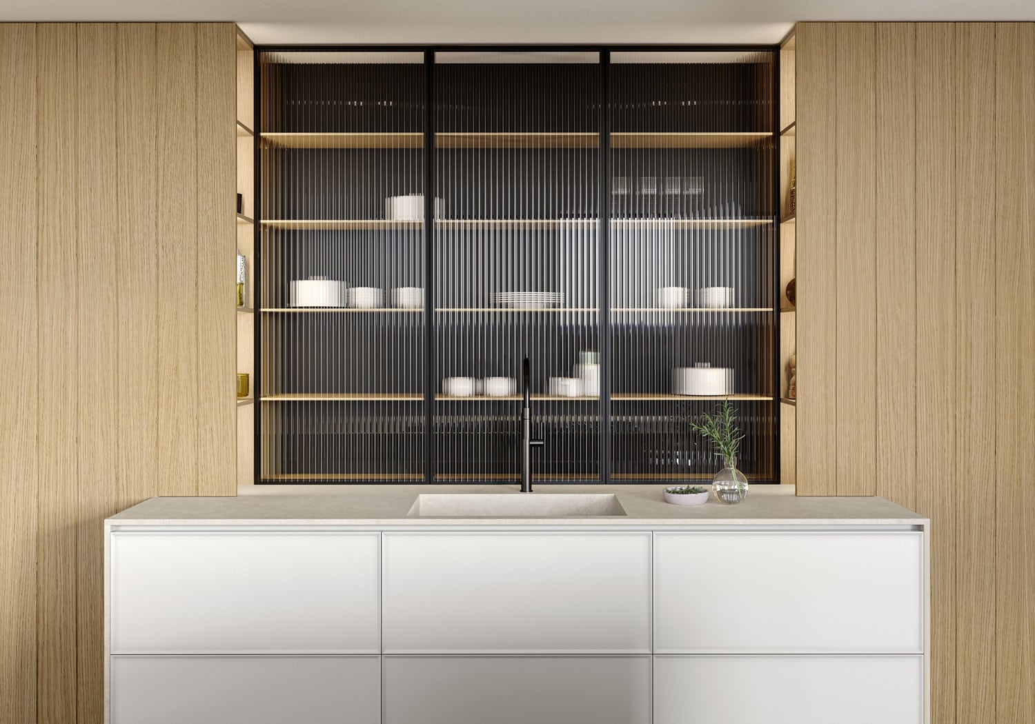 The ribbed glass panel with black aluminum frame breaks the continuity of the slatted oak wood surfaces, providing a peek inside the hidden pantry. 