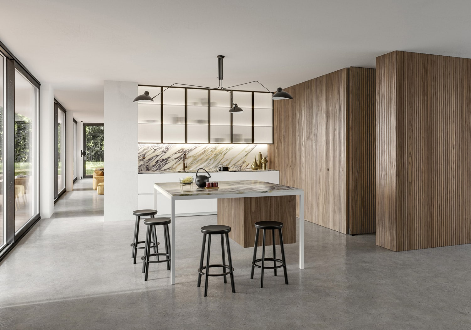 Custom-made kitchen design in Canaletto Walnut (ribbed and brushed), white matte lacquer, ribbed glass with black aluminum frame, and Calacatta Viola marble.