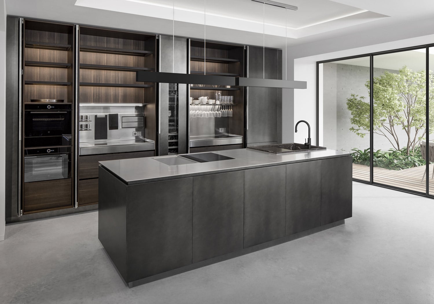 Contemporary luxury kitchen in oxidized (dark) metal with cabinet interiors in dark wood.