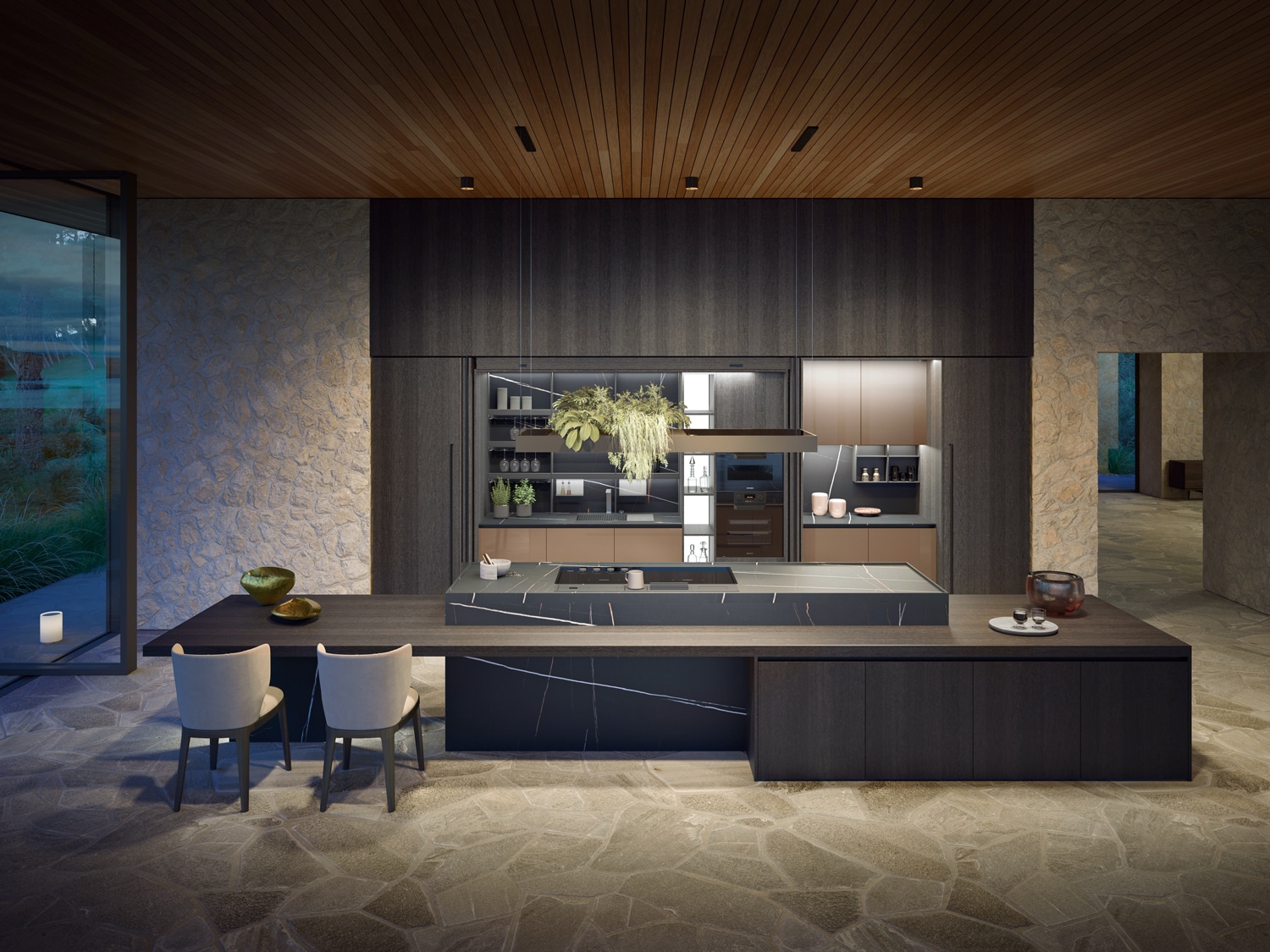 The kitchen uses the Hide system to conceal key, customized functional areas located along the pantry wall. 