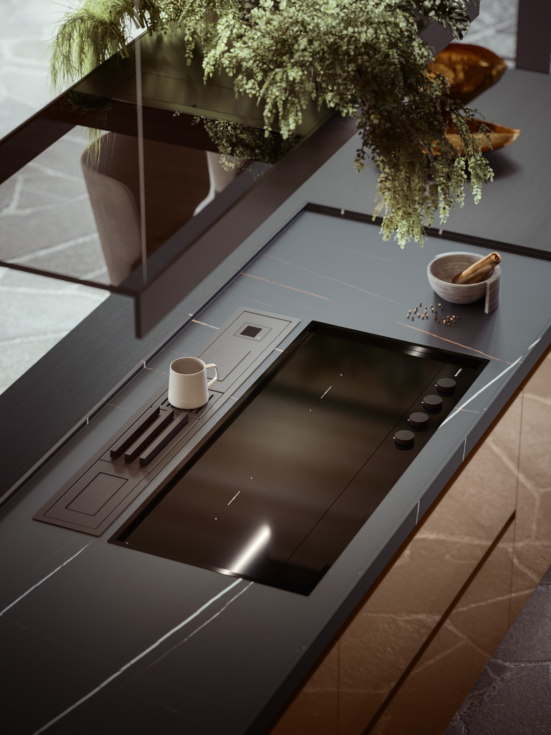 On the island, integrated within the countertop, it is possible to have a customized channel equipped for various functions (measuring scale, holders for dishes, glassware, knives, spices and more).