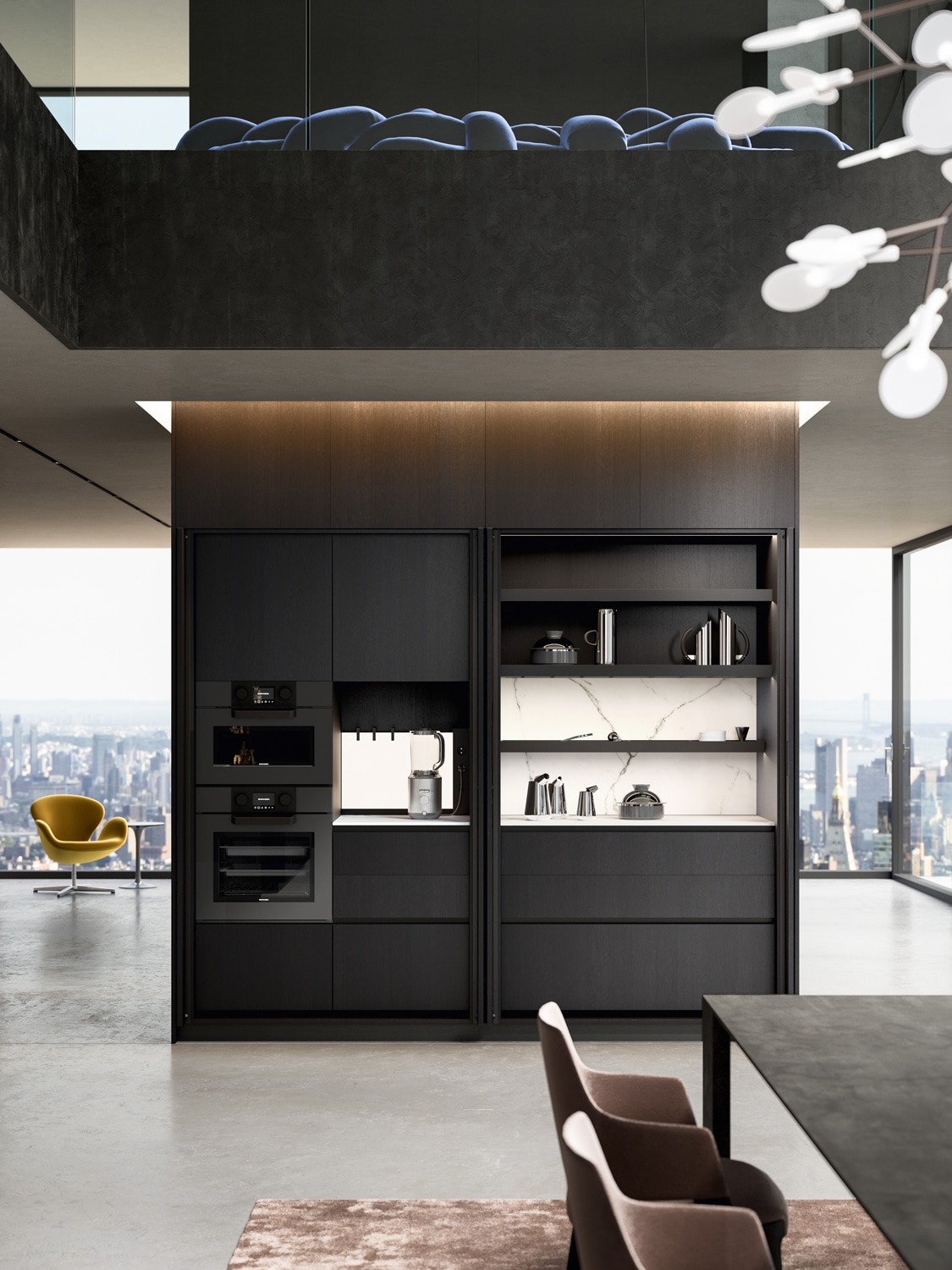 Tall cabinets with two Wing units. In each unit, pocket doors fold out of view to reveal a customized space which can include: drawers, shelves, accessorized LED-lit back panel, integrated and counter appliances, and pull-out stainless steel tops for extra surfaces.