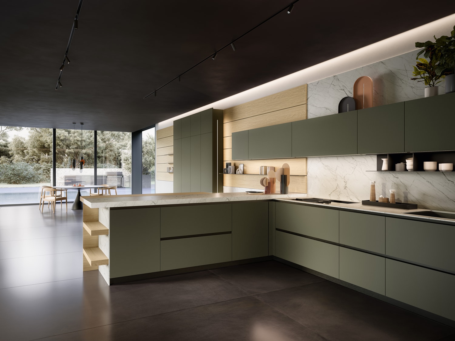 The tall columns also feature a lateral strip of LED light which illuminates the wood boiserie, enhancing its value as a sophisticated display area that connects the kitchen and the living room. 
