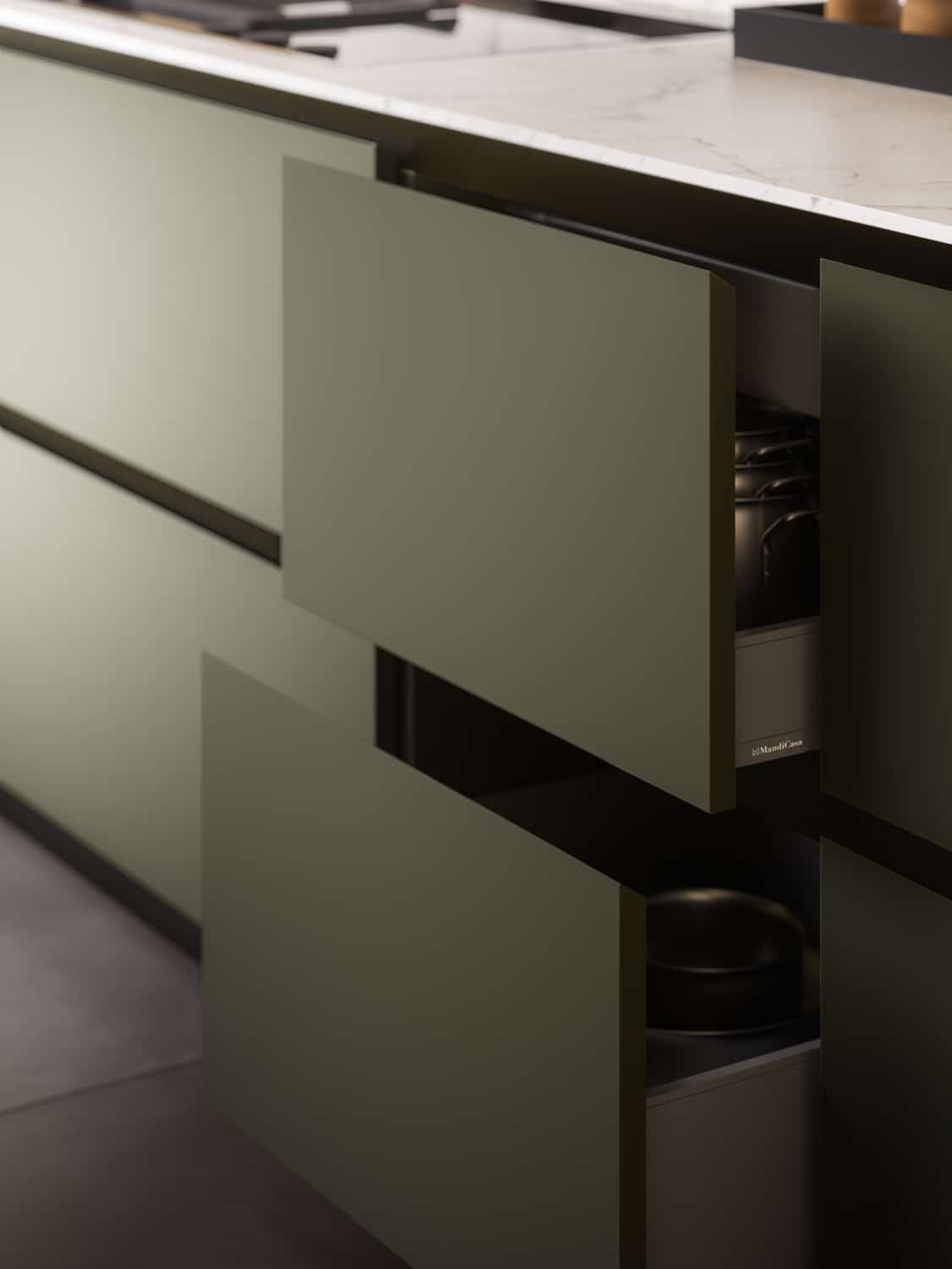 Detail of the cabinet doors in Verde Foresta matte lacquer with a 33⁰ angled profile. 