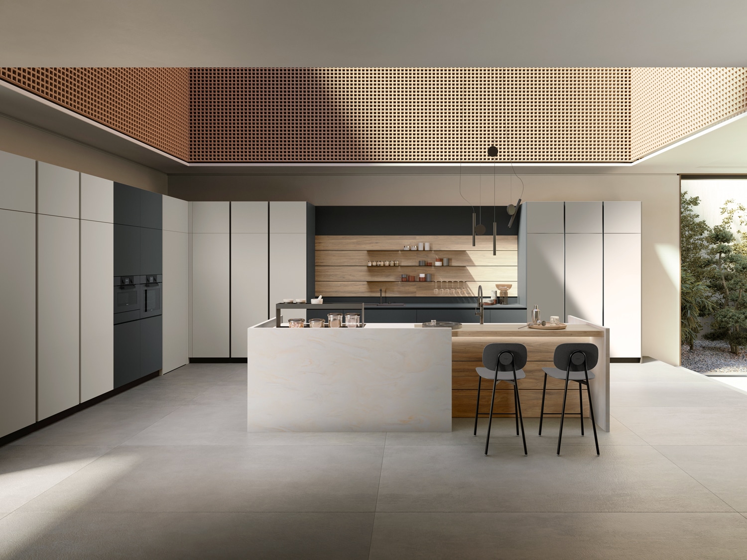 This beautiful modern kitchen offers high storage capacity and elegant aesthetics. The contemporary play of light and dark tone gets a fresh take with the addition of the wood elements, which become the focal point of the design.
