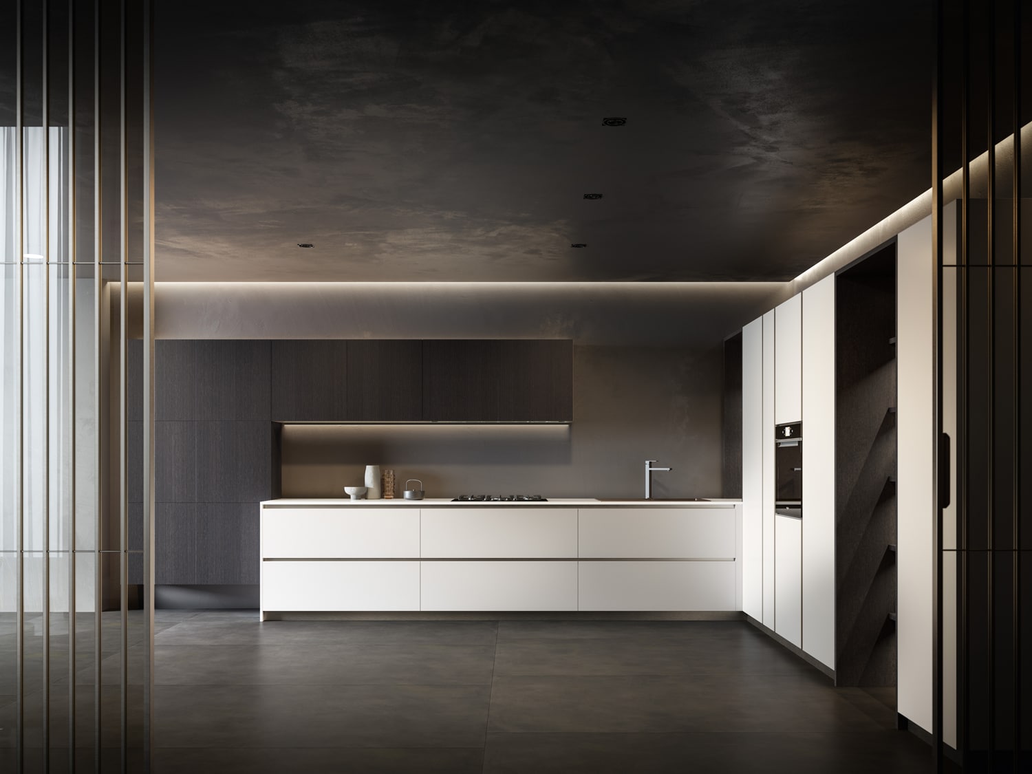 Contemporary and essential in its design, this kitchen features base cabinets and tall units in Neve matte lacquer, channels in Titanium, and wall units with Riga doors in ribbed Station oak wood.  