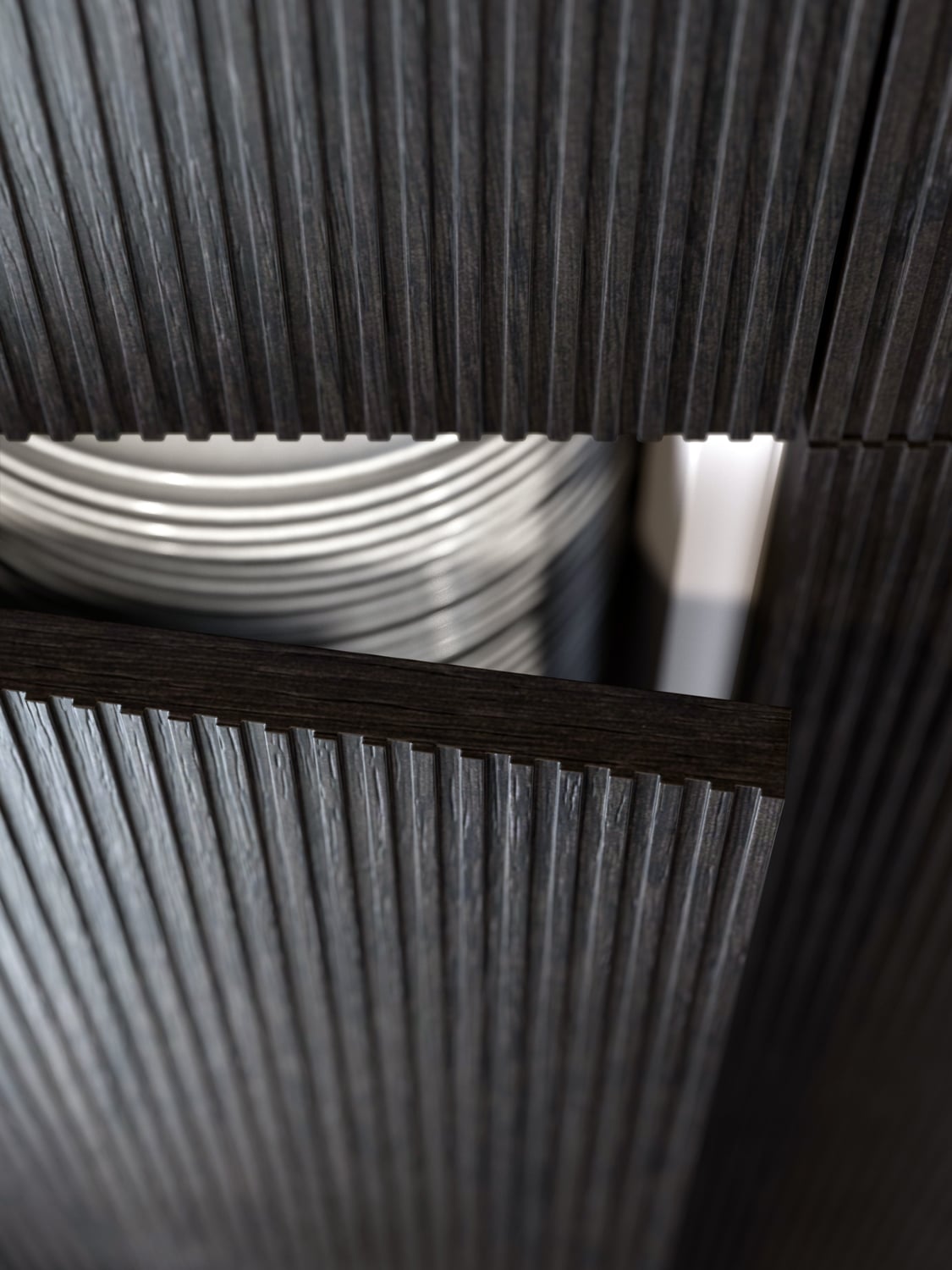 A 3D manufacturing process creates a ribbed surface on the wood veneer.