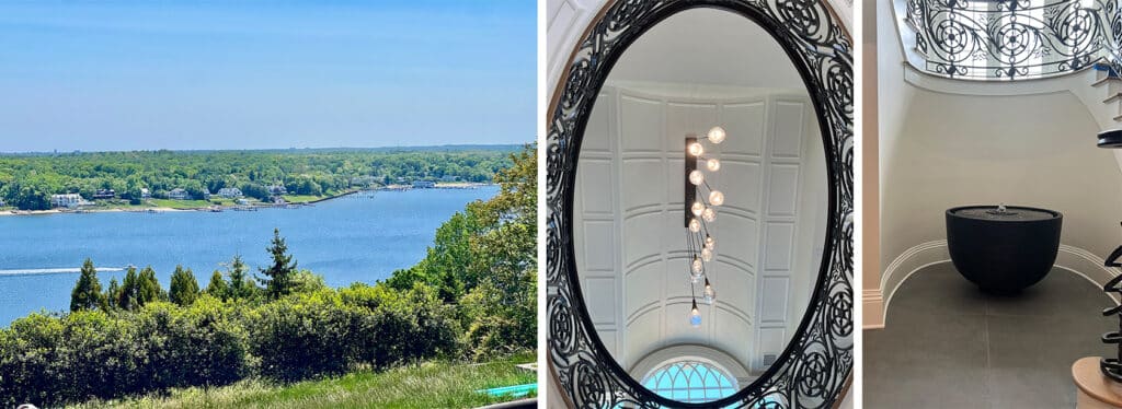 Three images showcasing a luxurious home with stunning views, an elegant entryway, and a grand staircase.
