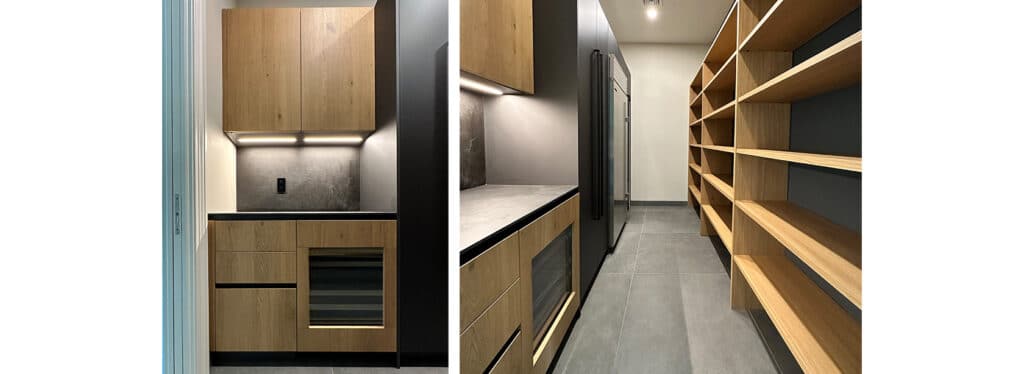 A modern pantry with wood cabinets and shelves, and a built-in wine cooler.