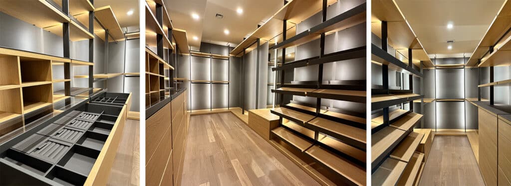 Three images showcasing a modern walk-in closet with wood and metal accents, ample storage space, and stylish lighting.