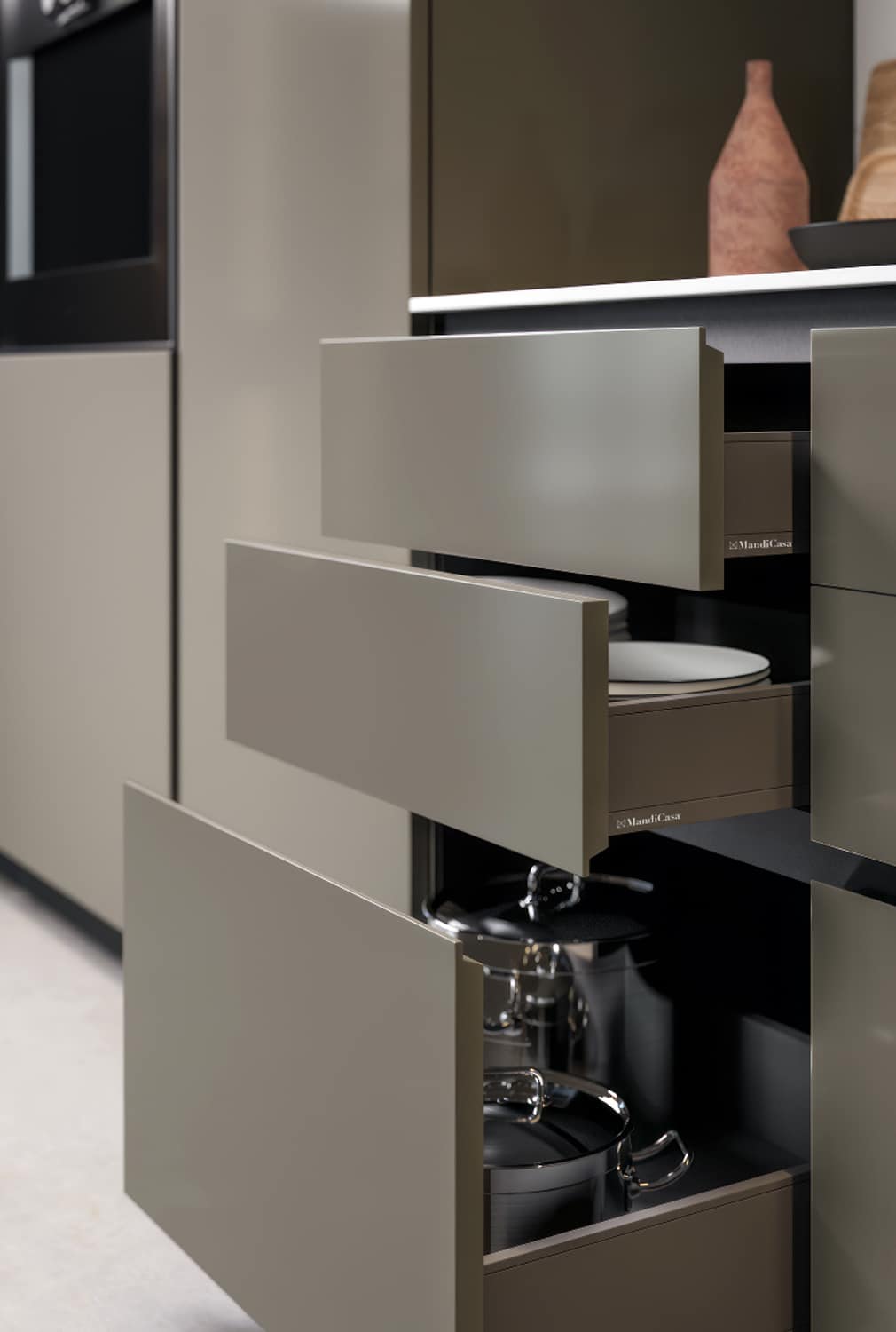 Detail of the Diamond cabinet doors with integrated handles.