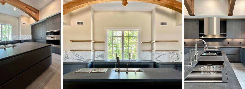 Three modern kitchen designs with different layouts and color schemes.