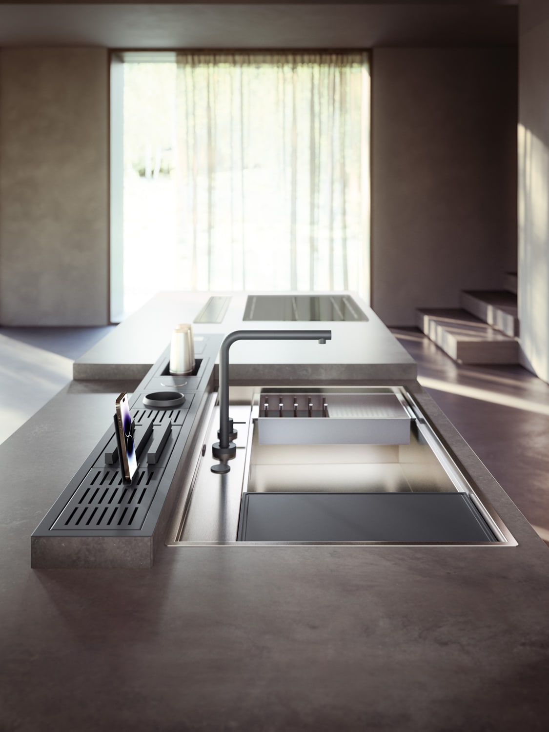 Integrated within the island countertop is an accessorized channel with a scale, holders for dishes, knives, glassware, phones and more.