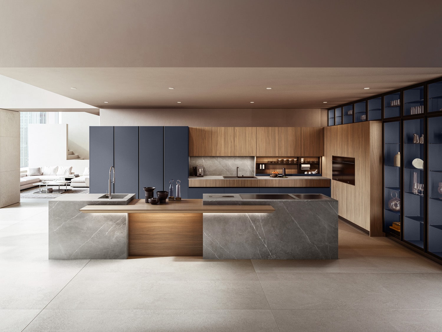 Different materials define the various functional areas. Skyline cabinets in Gres Pietra Grey (island) combine with cabinets in Walnut and Blu Petrolio micalized lacquer.