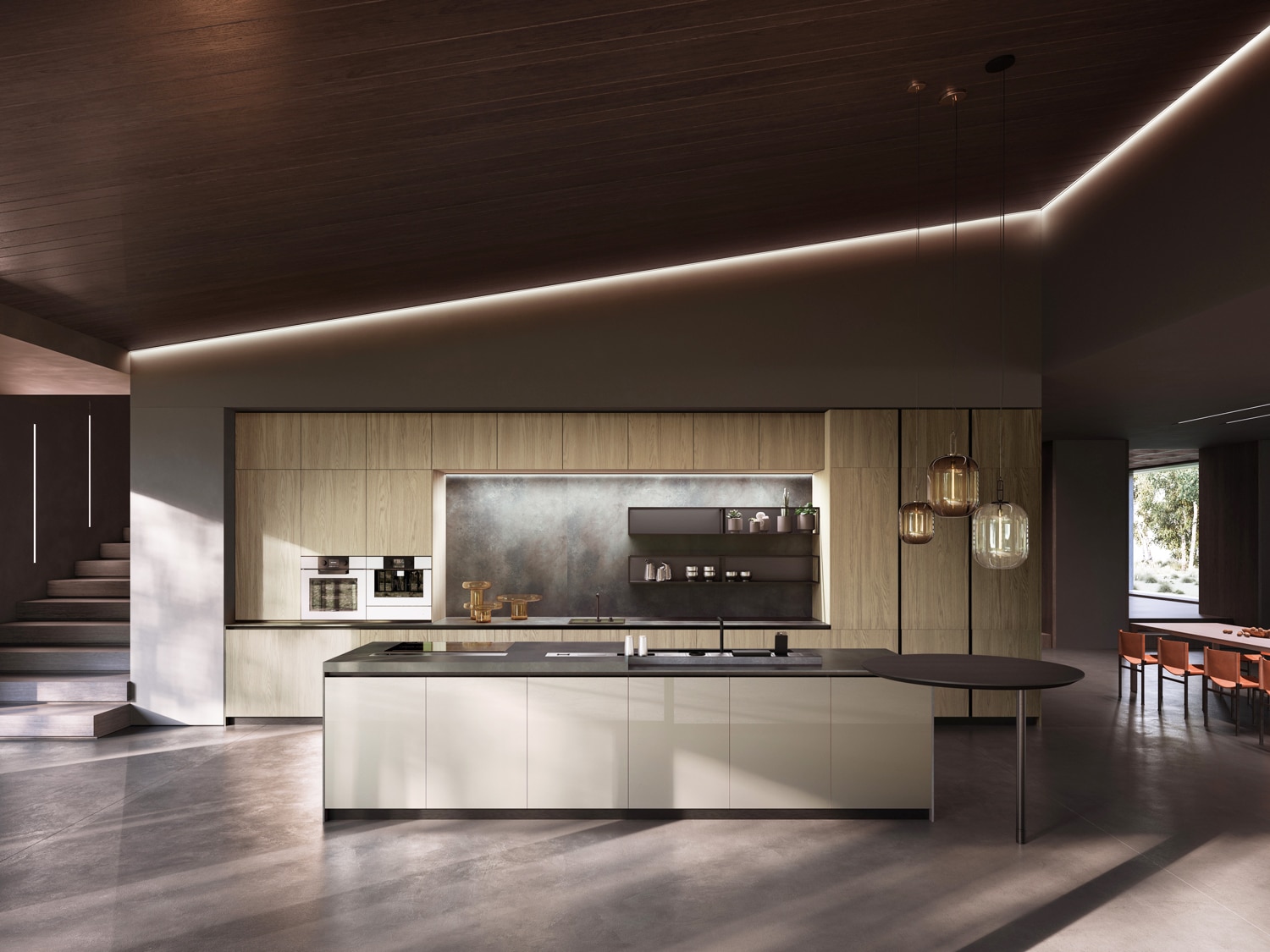 Skyline luxury kitchen design with columns, base and upper cabinets in Milano wood-effect melamine, island in Stagno metallic tempered glass, countertops and wall in Ossido Nero Laminam porcelain.