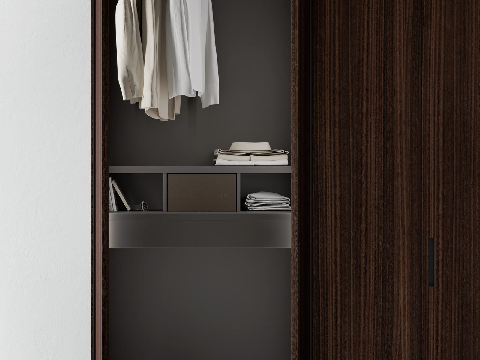 Wardrobe with exterior in Eucalyptus. Customized interior in Ombra matte lacquer with drawer and shelves grid featuring an extractable basket in faux leather finish.⁠