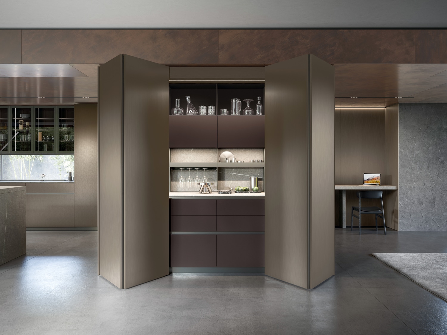 In the Hide system, bifolding pocket doors reveal/conceal a fully customizable functional unit inside tall cabinets matching the rest of your MandiCasa kitchen.