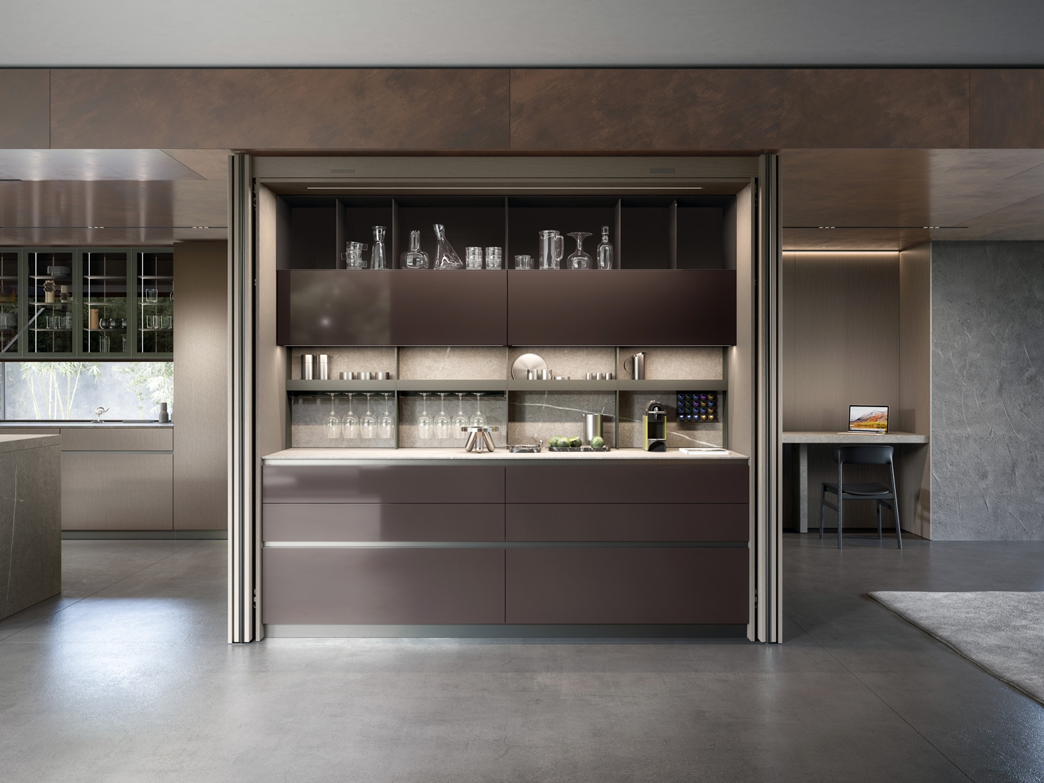 Inside, the Hide system can be customized with drawers, deep storage cabinets, open shelves, integrated appliances and an accessorized storage wall.