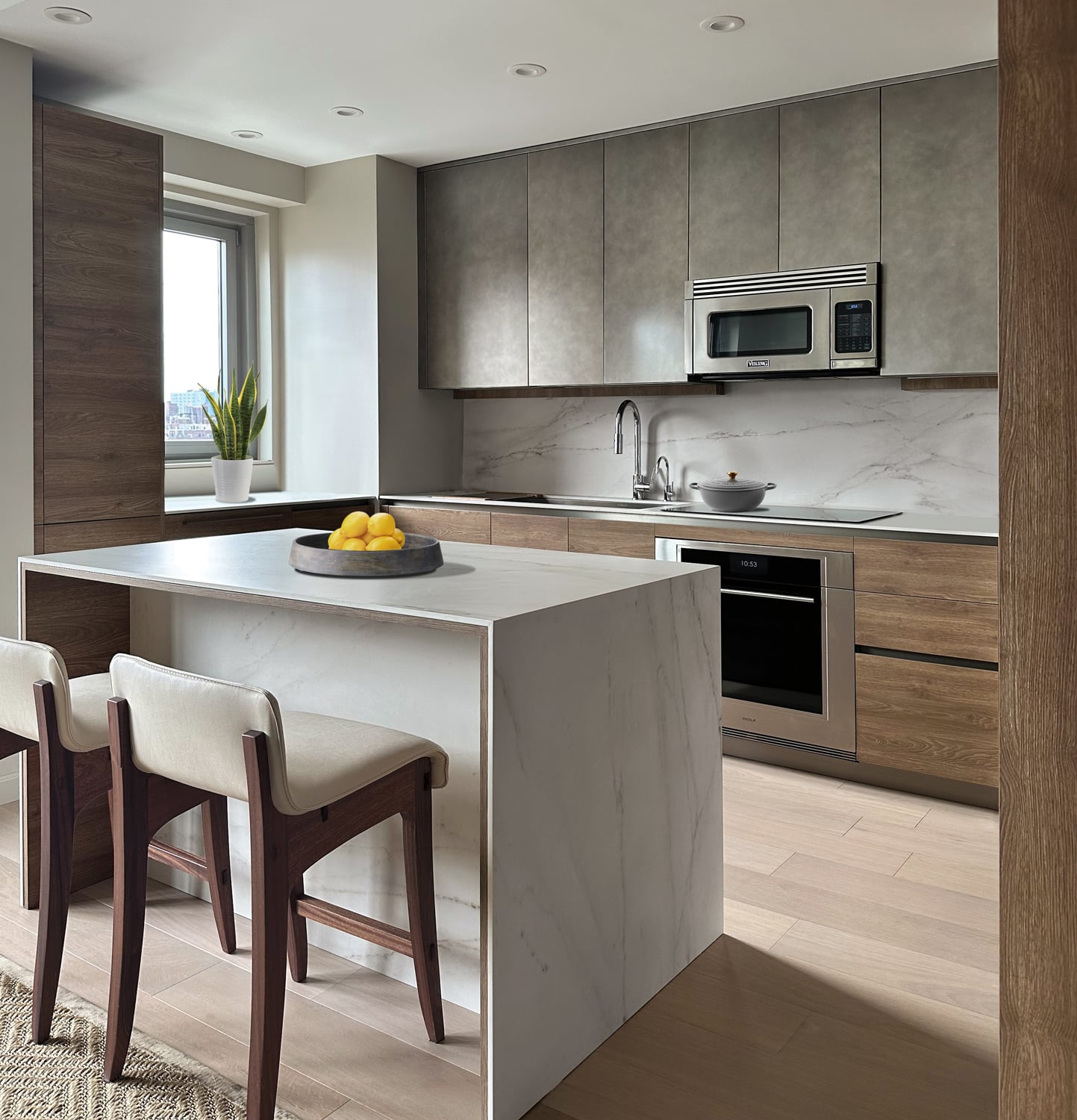 Upper East Side, New York, NY. YOTA and Rho cabinetry in Ghisa Urban lacquer and wood melamine. Countertop & Backsplash in Dekton Rem. Designed by Lorena Polon, Senior Design Consultant of MandiCasa New York, in collaboration with Matthew Yee Interiors.