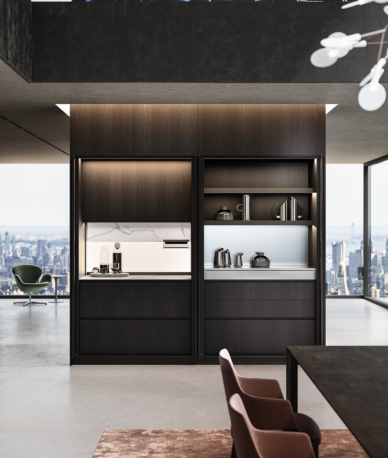 Tall cabinets with two Wing units. In each unit, pocket doors fold out of view to reveal a customized space which can include: drawers, shelves, accessorized LED-lit back panel, integrated and counter appliances, and pull-out stainless steel tops for extra surfaces.
