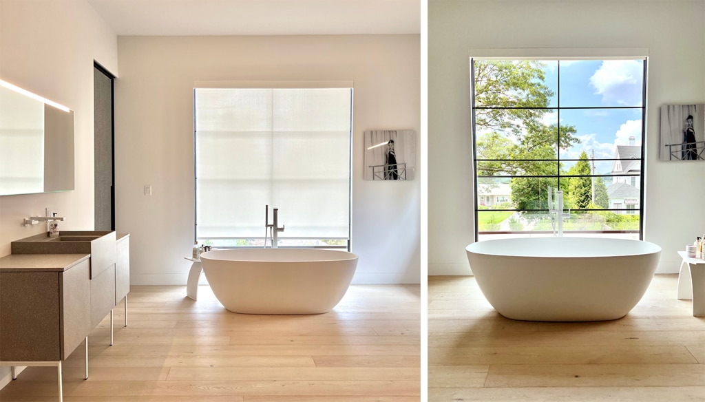 Minimalist bath with vanities and freestanding bathtub