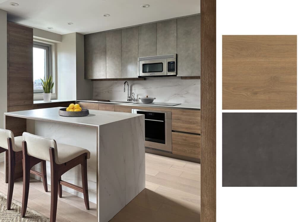 Modern kitchen with wood and concrete-look cabinets, marble countertop, and a kitchen island.