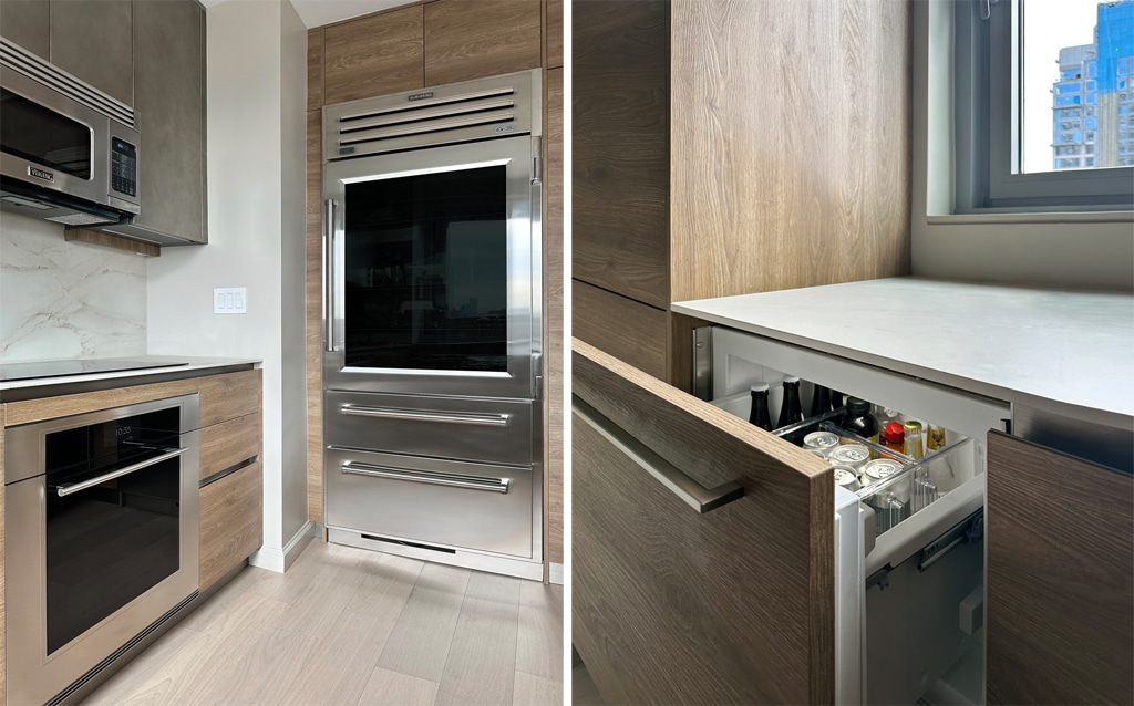 Details of storage maximization in petite luxury kitchen on New York's Upper East Side
