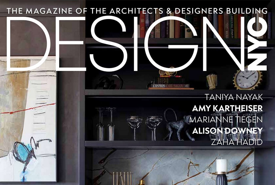 Design NYC magazine cover featuring a modern interior design with a black bookshelf and artwork.