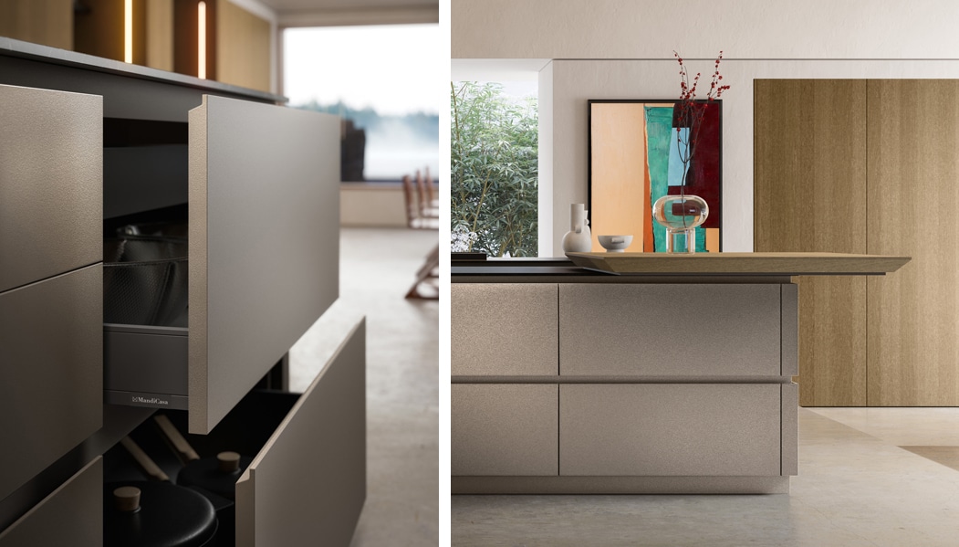 Contemporary, handle-free kitchen cabinets in metallic lacquer