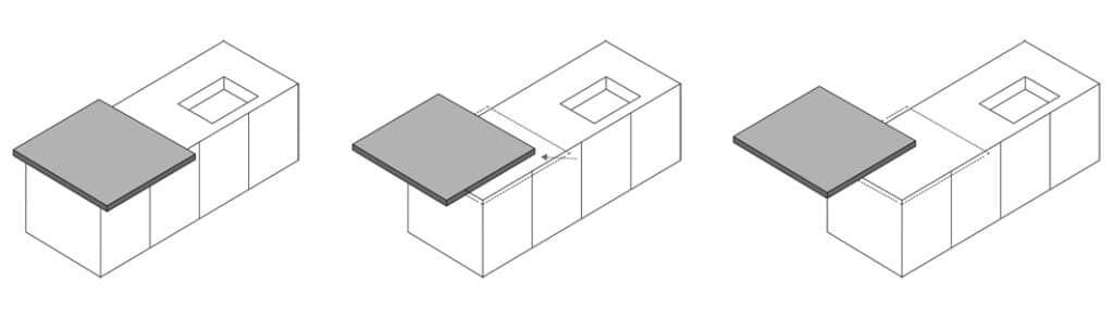 Drawing of kitchen island snack counter sliding diagonally to extend the usable surface