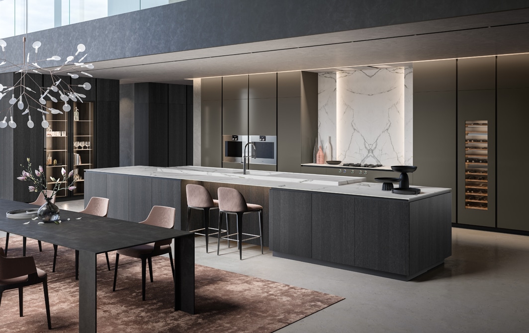 Large luxury penthouse kitchen with cabinets in grey lacquer and dark oak wood