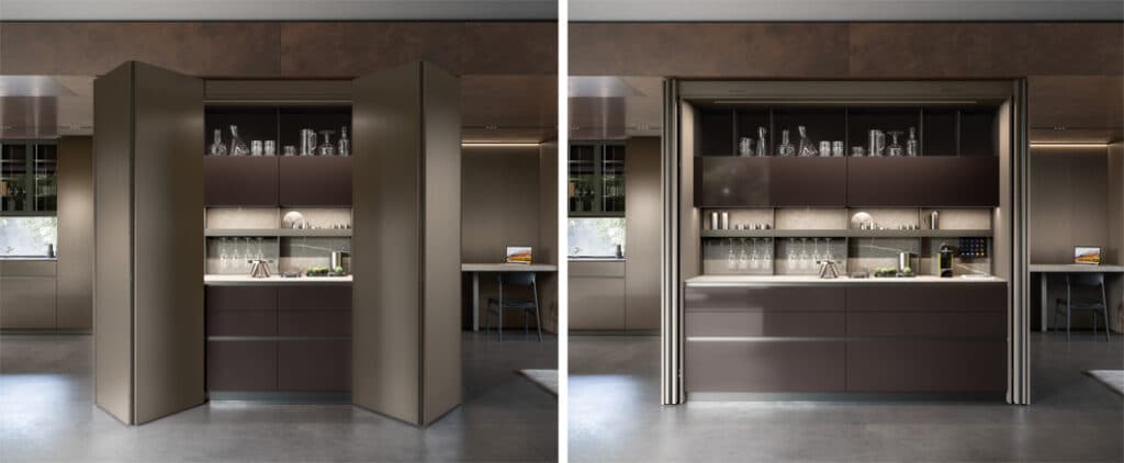 Functional kitchen storage unit/workstation hidden behind bifolding pocket doors