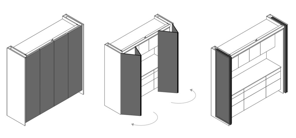 Drawing of luxury kitchen workstation hidden behind bifolding pocket doors