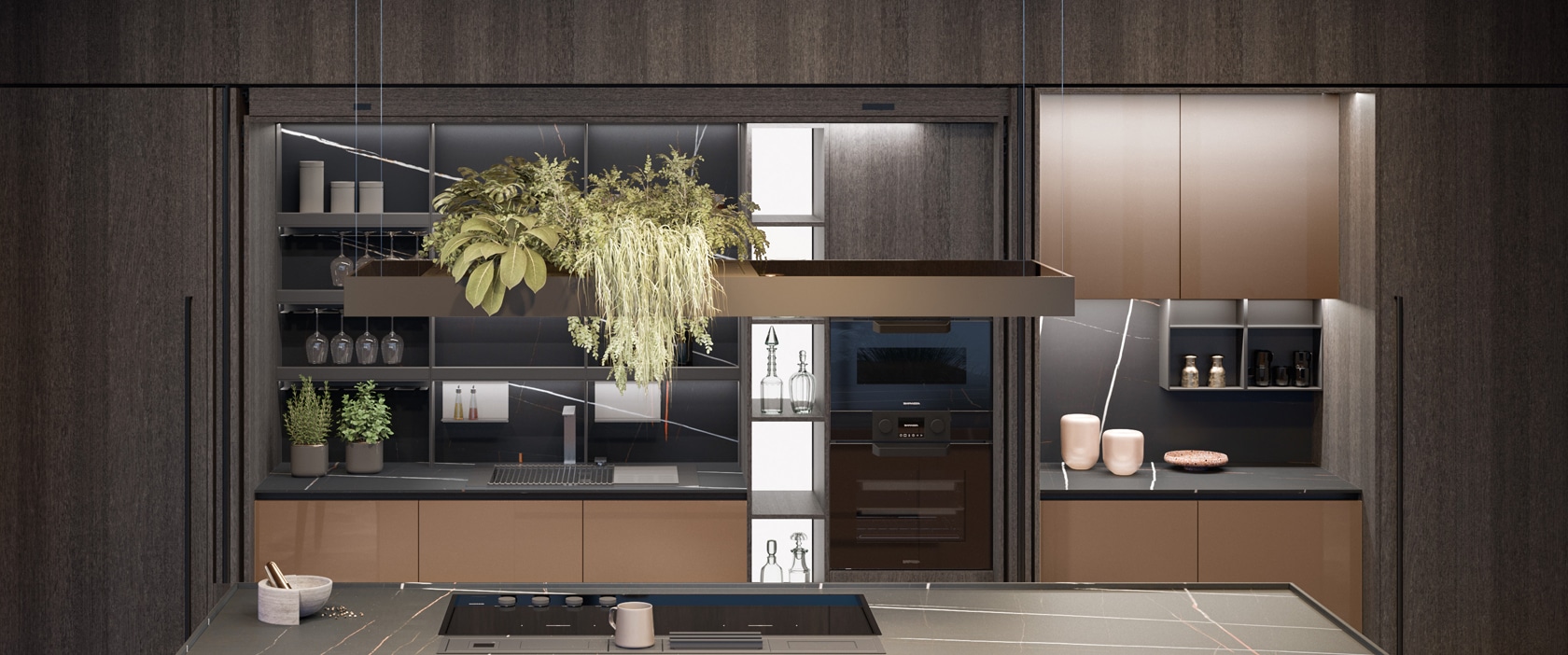 Large luxury kitchen with functional workstation hidden behind pocket doors