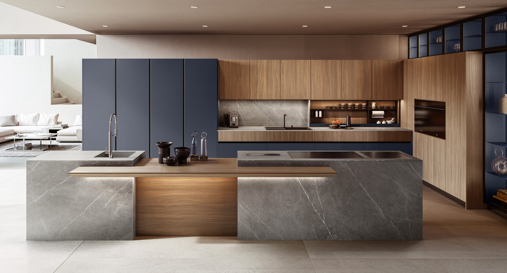 Modern kitchen with cabinetry in gres, micalized lacquer, glass and walnut wood